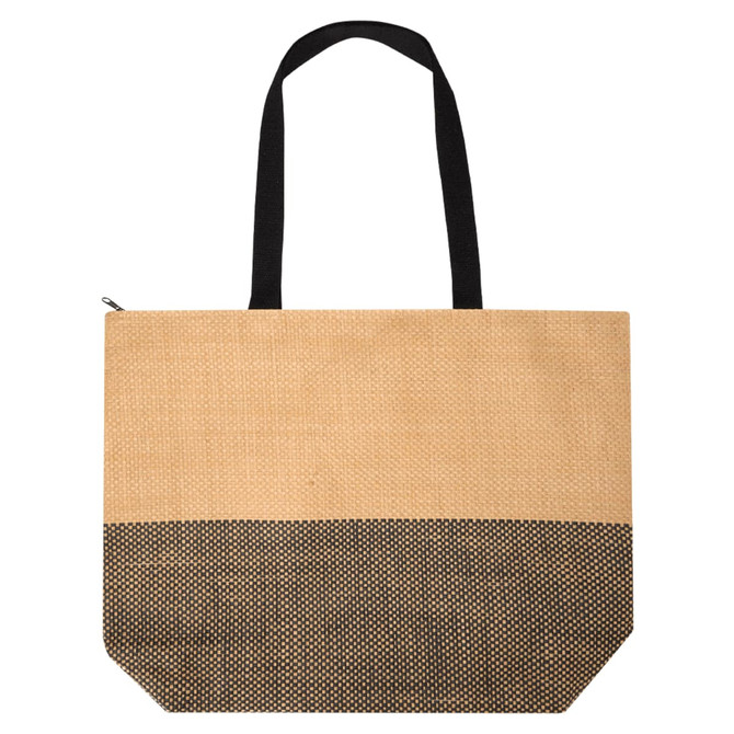 A large zipped tote with a natural and black pattern, featuring two sturdy handles and a branded logo.