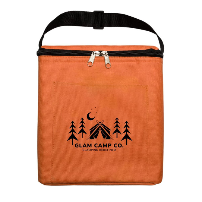 A zippered orange cooler bag with a front pocket and a logo featuring a tent and trees.