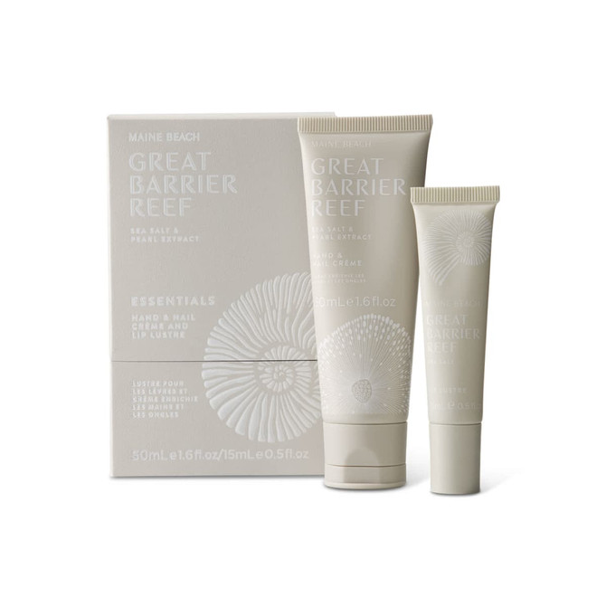 A cream tube and a lip lustre in neutral packaging featuring a logo, with designs inspired by the Great Barrier Reef.