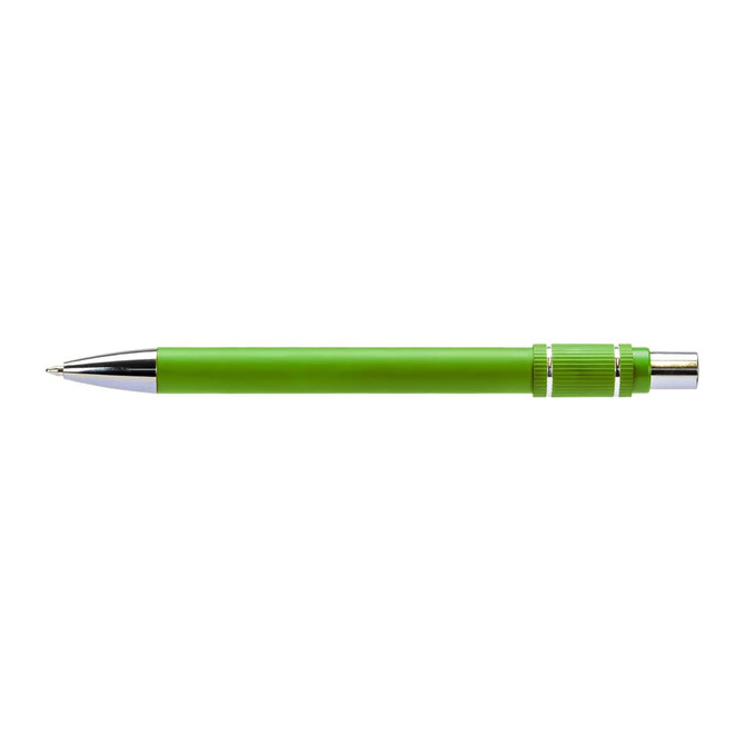 A metal pen in vibrant green with silver accents and a textured grip. Features a branding logo.