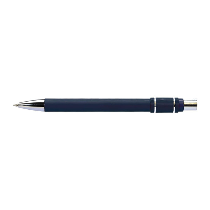 A metal pen in navy blue with silver accents and a textured grip. The pen features a branding logo.