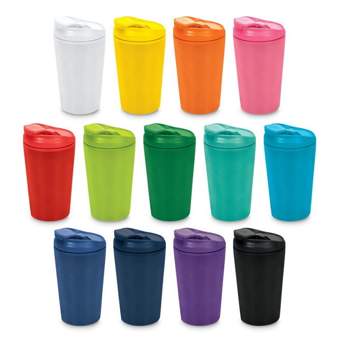 A collection of reusable coffee cups in various colours including white, yellow, orange, pink, red, green, blue, navy, purple, and black, featuring lids and logos.