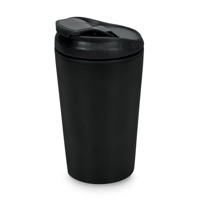 A black reusable coffee cup with a lid, featuring a simple design and a logo.