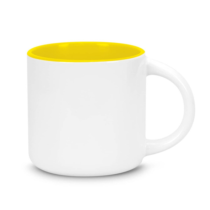 A coffee mug featuring a white exterior and a bright yellow interior, with a smooth handle and a branding logo.