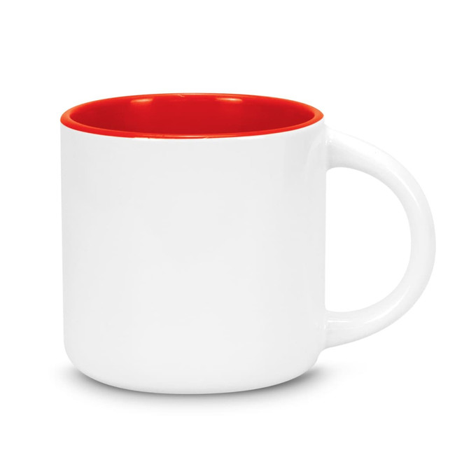 A coffee mug in white with a bright red interior. It features a curved handle and a smooth finish.