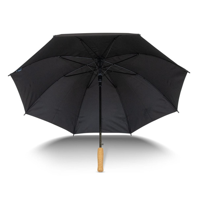 A black umbrella with a wooden handle and a sturdy frame, featuring a logo on the fabric.