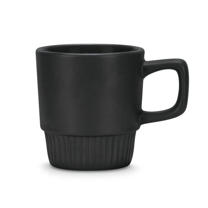 A stackable coffee mug in matte black with a textured band and a sturdy handle. It features a sleek design and a branding logo.