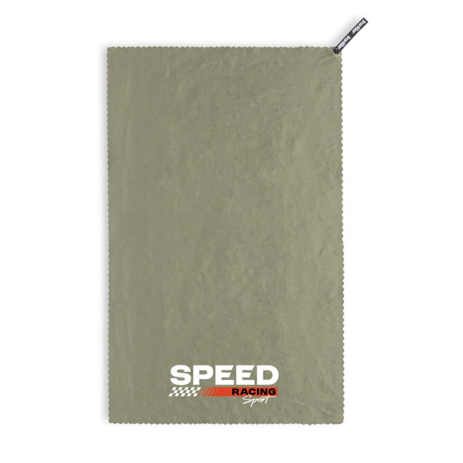 A green cooling towel with a logo, featuring a textured surface and a stitched edge.