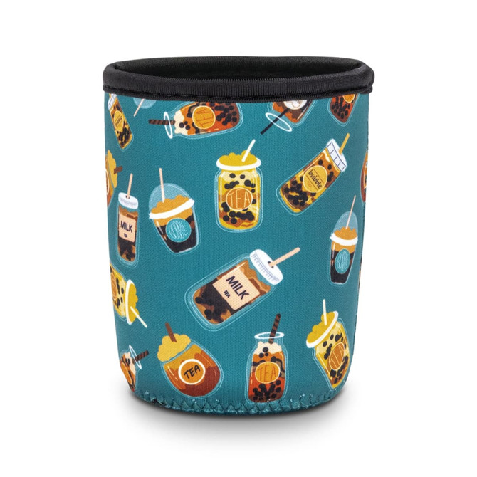 A drink bottle sleeve featuring a teal background with colourful illustrations of beverages and a logo.