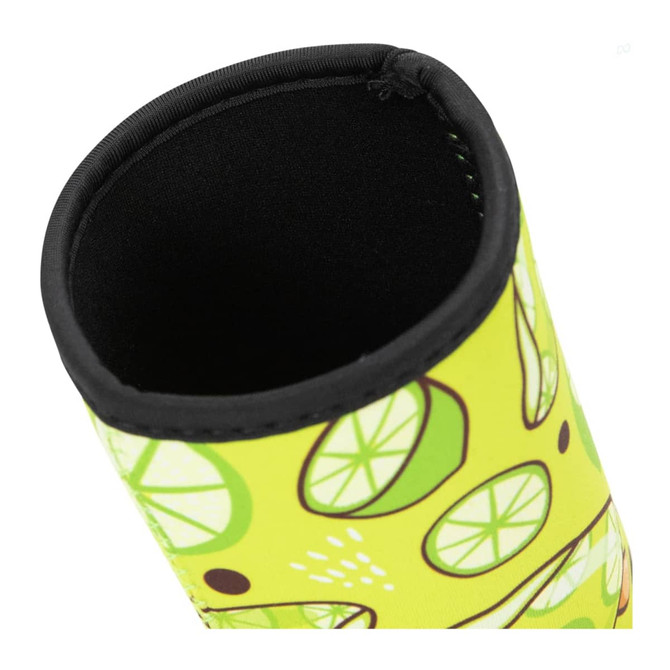 A drink bottle sleeve in vibrant yellow with lime motifs and a black top edge, featuring a logo.