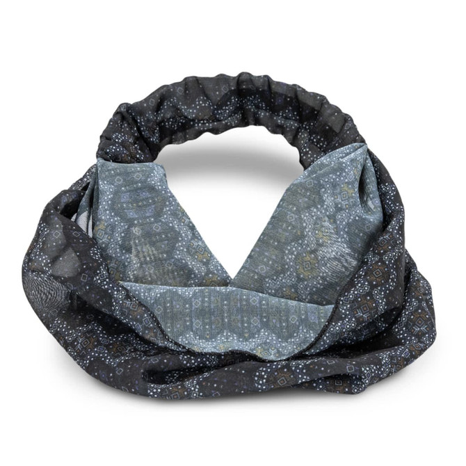 A custom elastic headband featuring a patterned design in shades of grey and black, with a lightweight fabric.