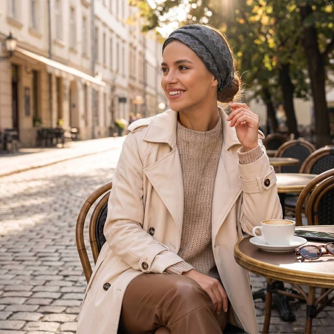 A customised elastic headband in grey is worn by a woman sitting at a café table outdoors, enjoying a coffee.