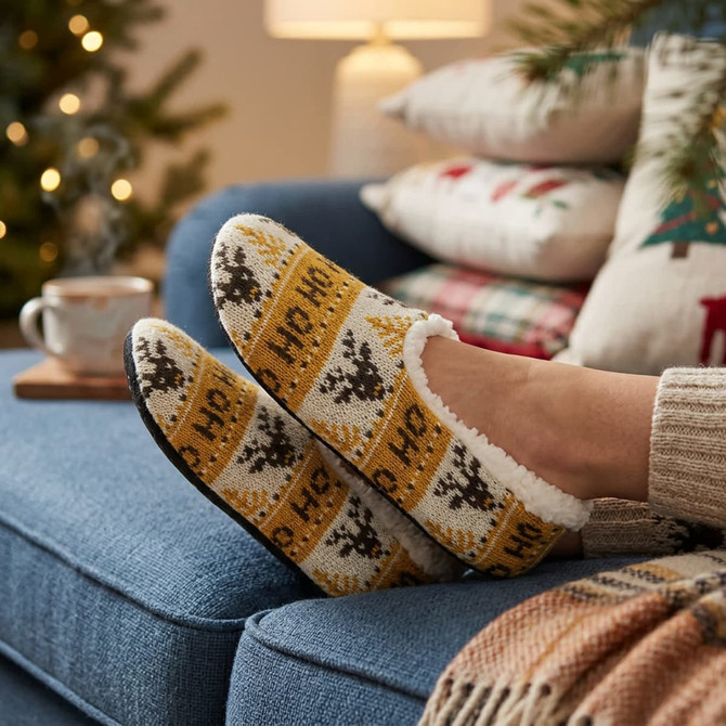 Custom knitted slippers in yellow, black, and cream, featuring a festive pattern, placed on a blue couch beside decorative pillows.