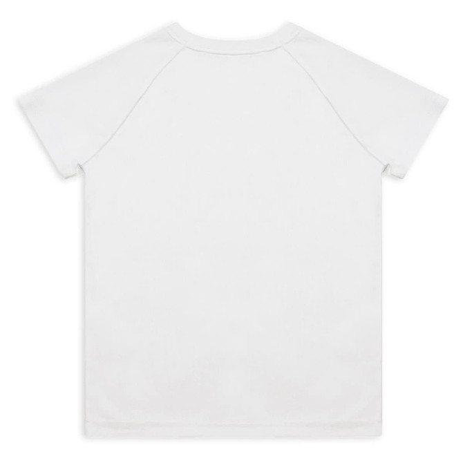 A white youth active t-shirt with short sleeves and a simple design, featuring a logo on the back.