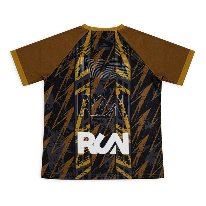 A black and brown active V-neck T-shirt featuring a graphic design and logo on the back.