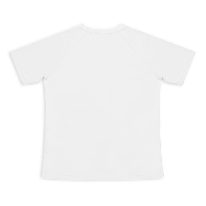 A plain white women's active V-neck T-shirt featuring a simple design and a logo on the back.