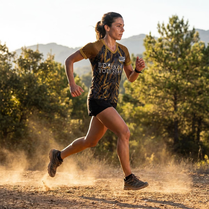 A woman runs on a dirt path, wearing a yellow and black active V-neck t-shirt and shorts, surrounded by trees and mountains.