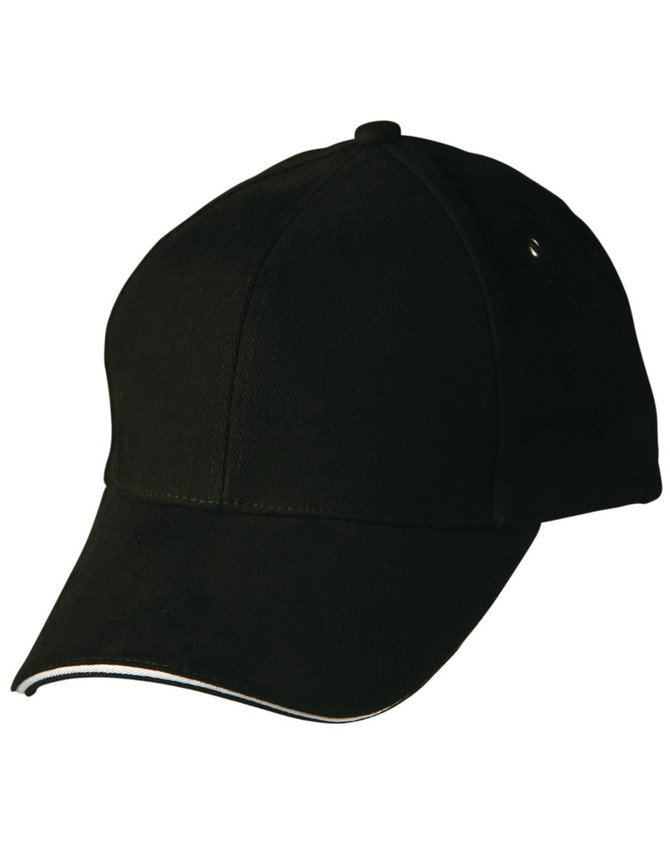A black cap with a curved visor and a contrasting trim, featuring a logo.