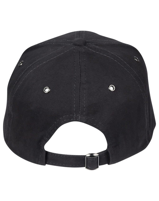 A black cap with a curved brim, showing eyelets and an adjustable strap at the back. It features a logo.