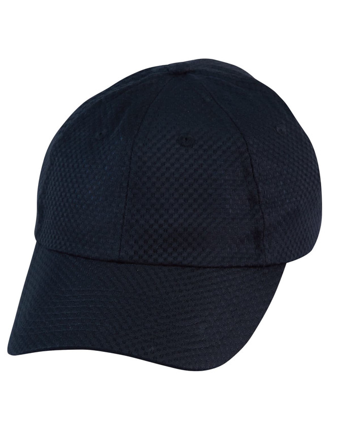 A black athletic mesh cap featuring a structured design and a logo on the front. Suitable for headwear.
