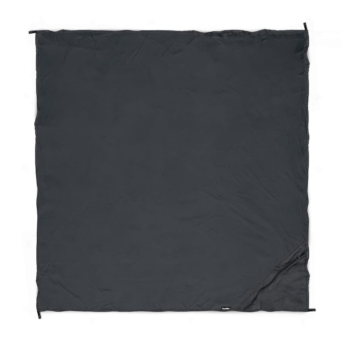 A dark grey camping blanket with a simple design, featuring a small logo in one corner.