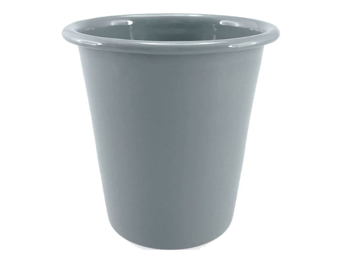 A grey enamel tumbler with a smooth finish, featuring a rounded top and a simple design.
