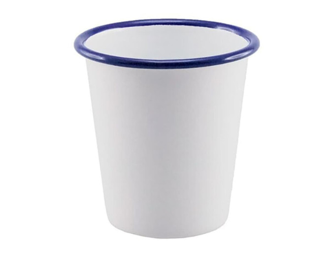 A white tumbler with a blue rim, designed for drinks. It has a logo on the surface.