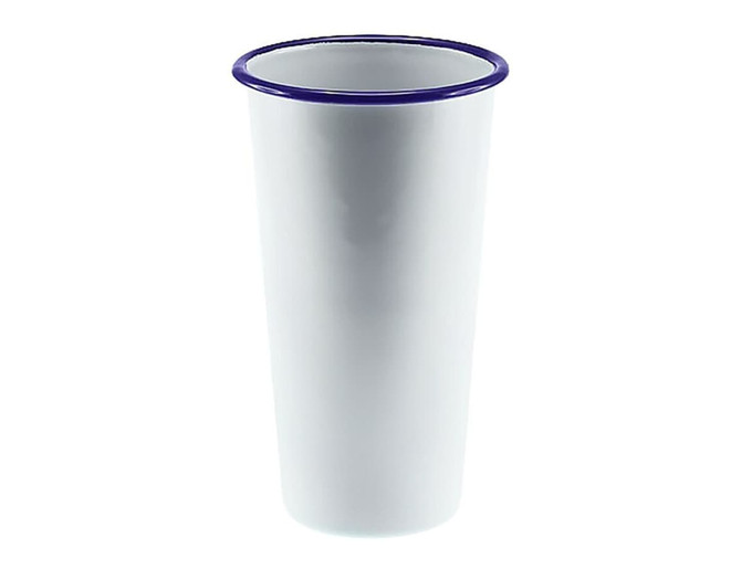 A white enamel tumbler with a blue rim, measuring 775ml and 10cm tall. Features a simple design.