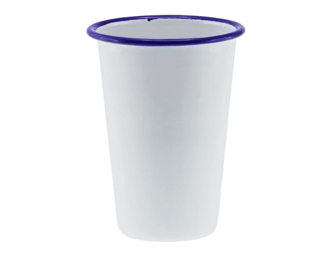 A tumbler with a white body and a blue rim, measuring 425ml and 8cm tall. Features a logo.