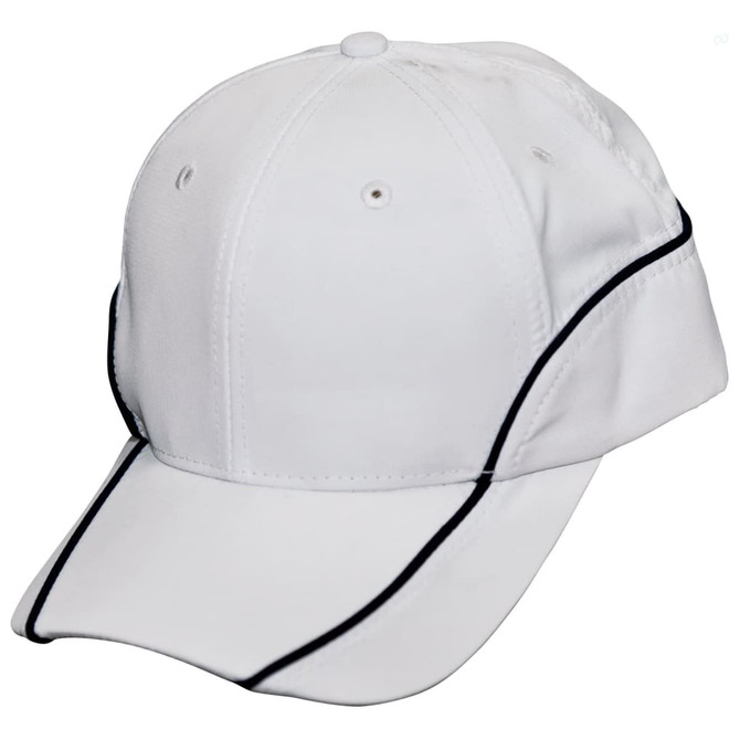 A white cap with contrast black lining and a pre-curved brim. It features ventilation holes and a logo.