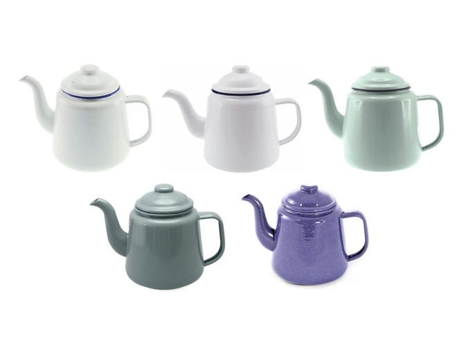 A collection of five teapots in various colours: white, pale green, grey, and purple, with one featuring a logo.