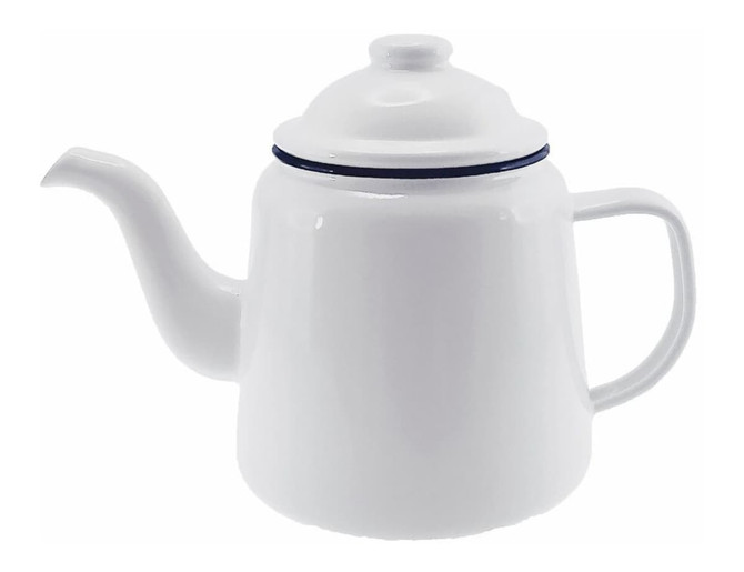 A white enamel teapot with a lid, featuring a blue rim and a spout for pouring. It has a handle and a simple design.