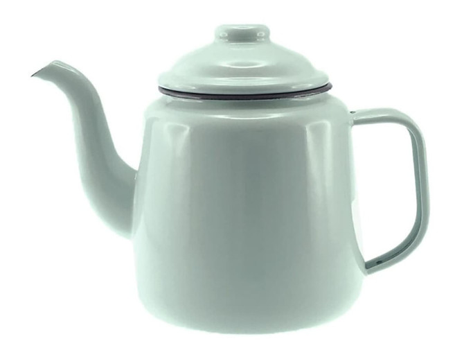 A light grey enamel teapot with a curved spout and a lid, featuring a sturdy handle and a glossy finish.