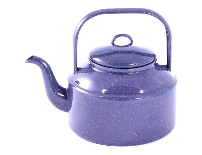 A purple enamel tea kettle with a handle and spout, featuring a lid and a simple design.