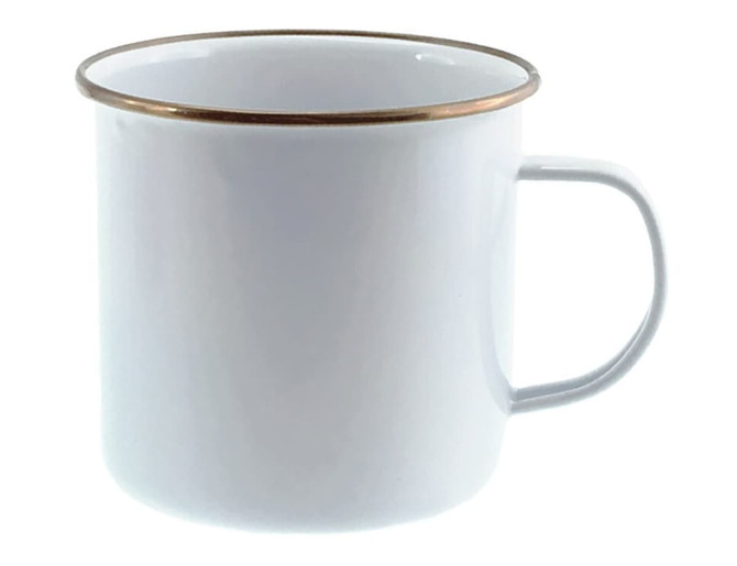 A 500ml white enamel mug with a gold-rimmed edge and a handle. It features a logo.