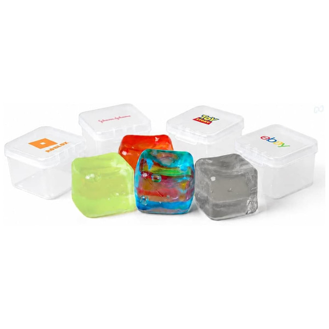A set of colourful jelly cube sensory toys in various translucent shades, next to clear containers, some featuring logos.
