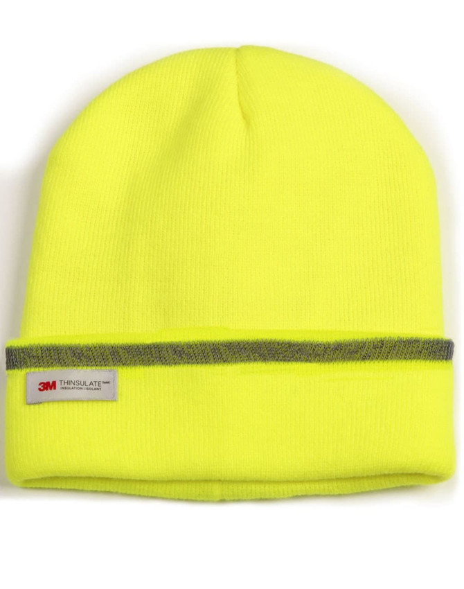 A bright yellow Thinsulated Cuff Beanie featuring a grey band and a logo tag.
