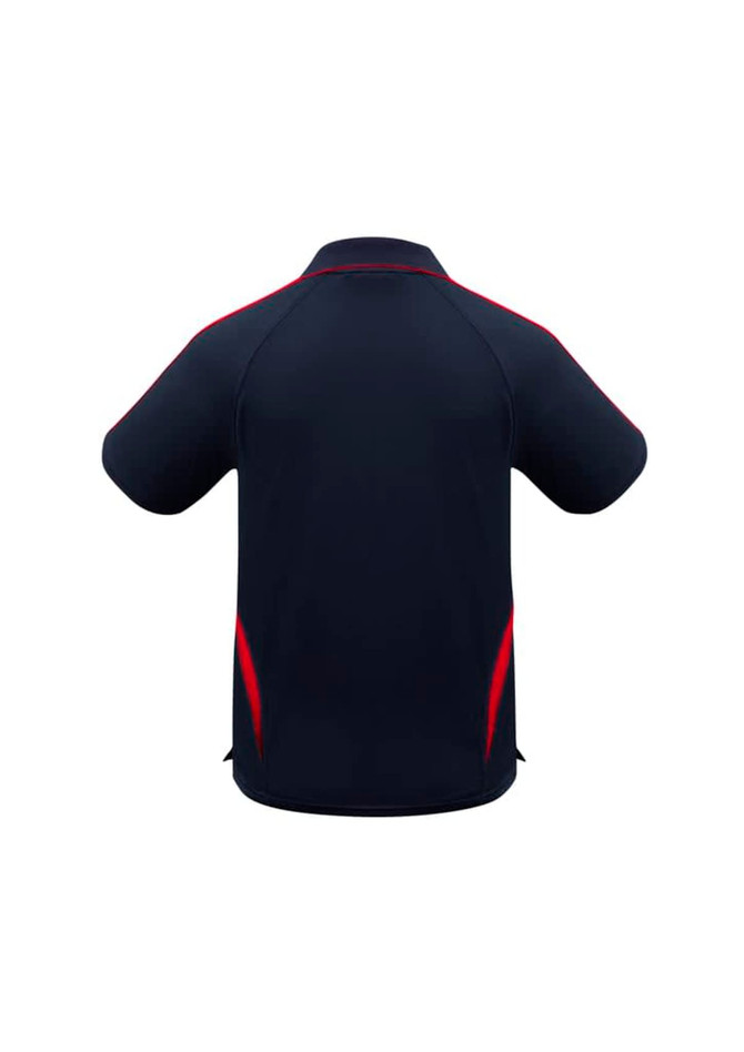 A polo shirt in navy blue with red accents, featuring a logo on the back.