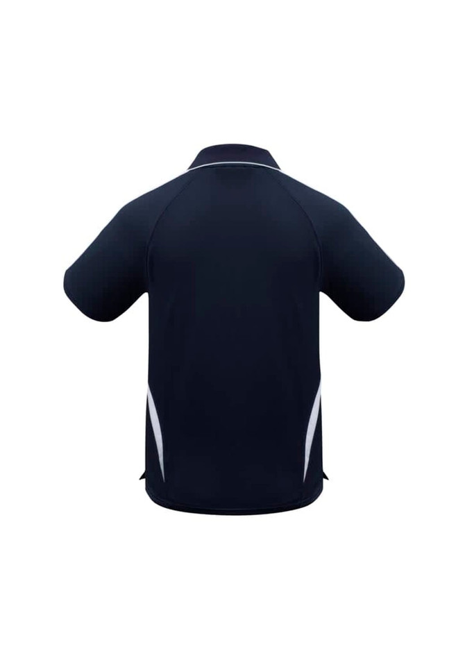 A navy blue polo shirt with white accent details and a logo on the front. The back is plain.