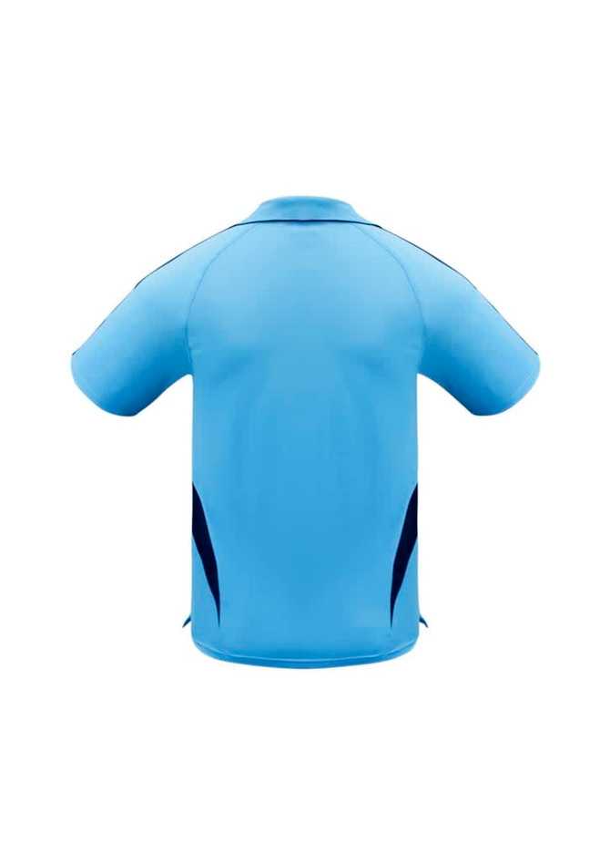 A light blue kids' polo shirt featuring a black accent and a small logo on the back.