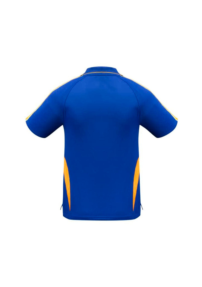 A blue polo shirt with yellow accents and branded logo on the back.