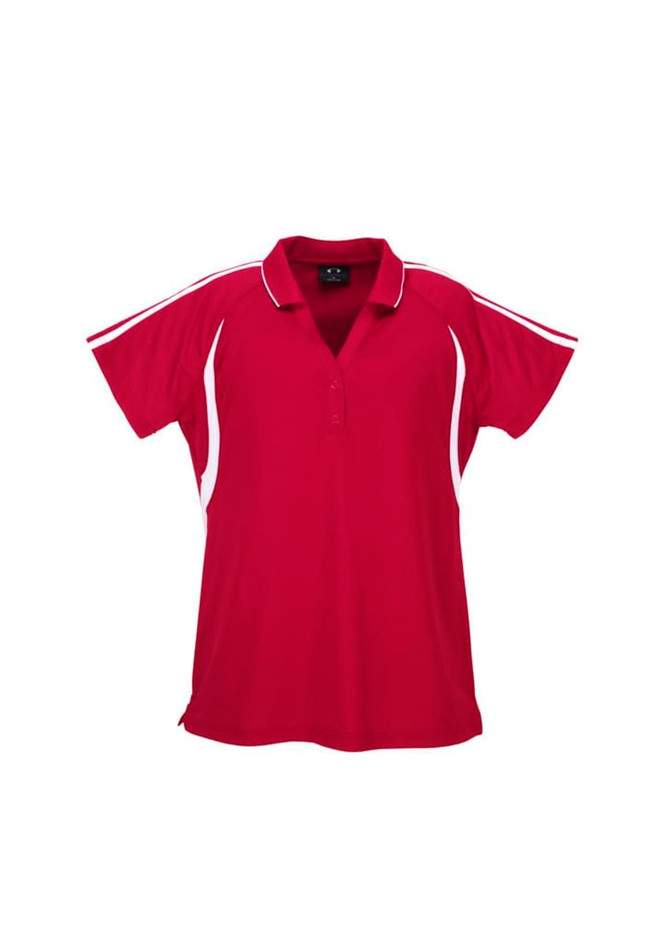 A red polo shirt with white accents and a collar, featuring a logo on the front.