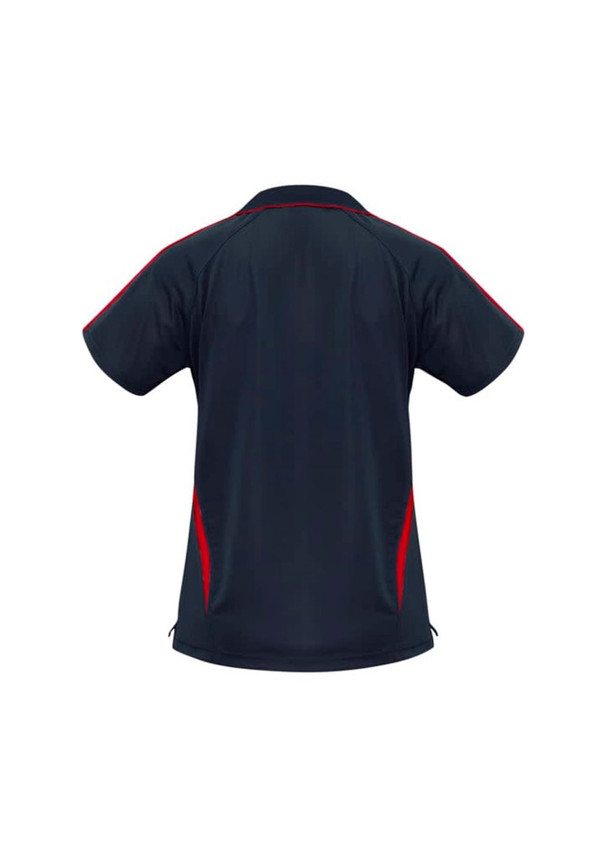 A navy polo shirt with red accents, featuring a logo on the back. Designed for ladies.