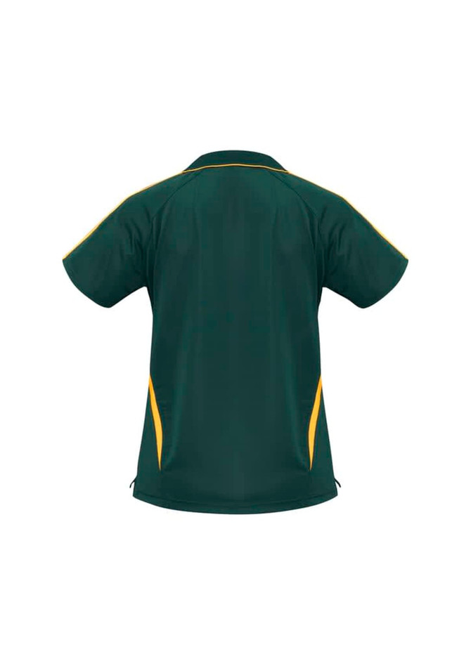 A green polo shirt with yellow detailing and a logo, featuring short sleeves and a collar.