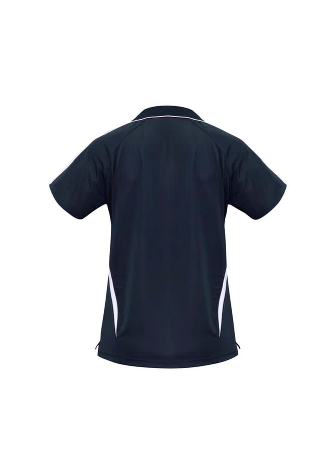 A black polo shirt featuring white side accents and a logo. The style is designed for ladies.