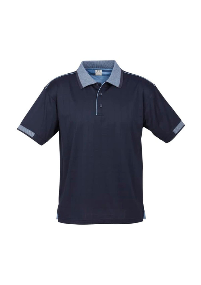 A navy blue short sleeve polo shirt with a contrasting blue collar and detailing, featuring a logo.