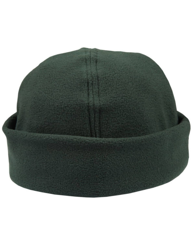 A green polar fleece beanie with a rolled brim and a smooth texture. It features a logo on the side.