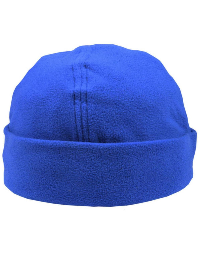 A blue polar fleece beanie with a simple, rounded design and a folded cuff. It features a logo on the side.