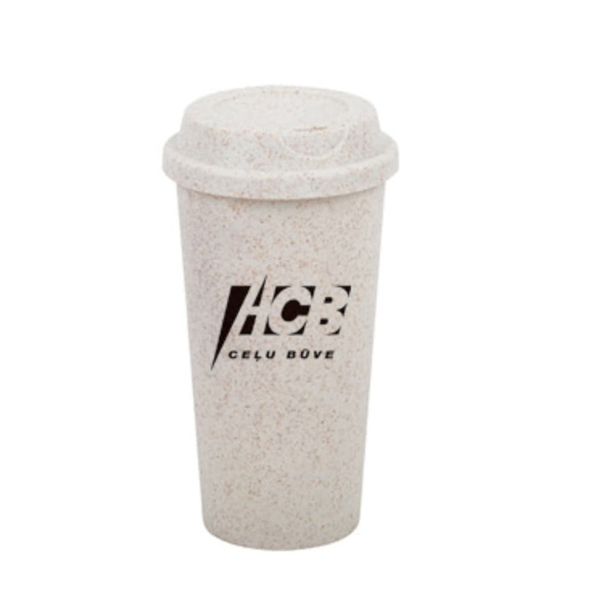 A drink bottle in a speckled white colour with a removable lid and branding.