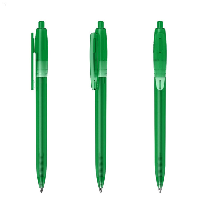 A set of three green plastic pens displayed from different angles, featuring transparent barrels and clips.
